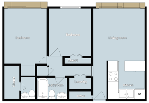 A floor plan of a house with labeled rooms such as Bedroom, Living room, Kitchen, Bathroom, and Laundry.